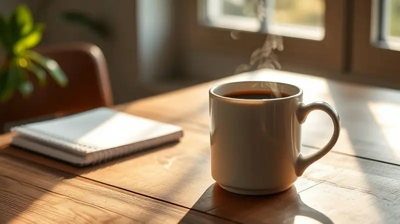 Uma xícara de café coado recém-preparado em uma mesa, ao lado de um livro, representando o prazer de um café feito com a técnica correta.