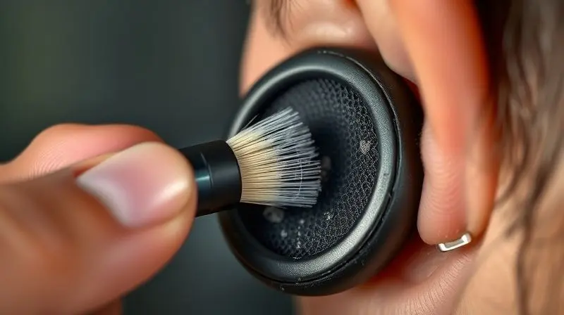 Foto macro mostrando a limpeza cuidadosa da malha de um fone de ouvido com uma escova macia para remover sujeira e resolver problemas de áudio.