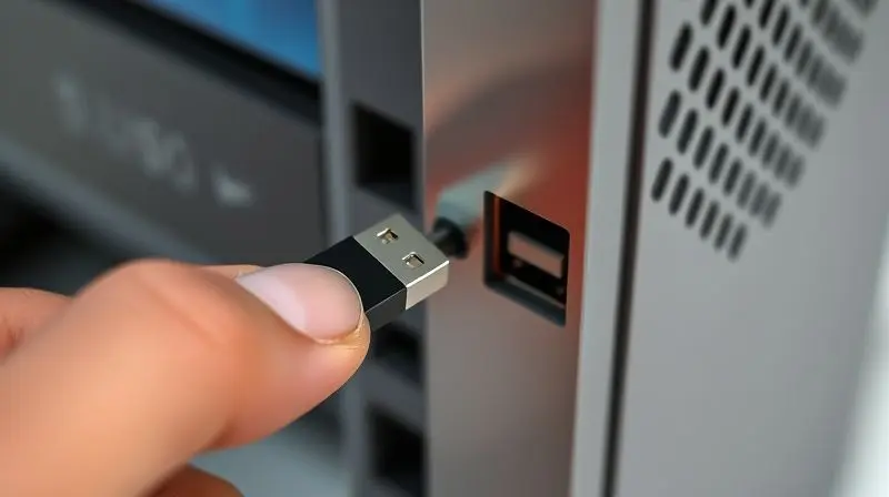 Pessoa conectando um pequeno adaptador USB Bluetooth na porta de um computador desktop para adicionar a funcionalidade sem fio.