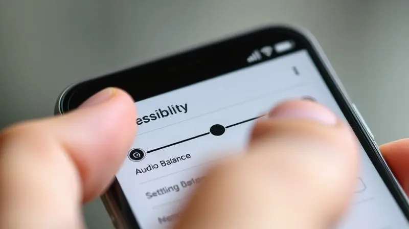 Close-up de um dedo ajustando o controle de balanço de áudio (esquerda/direita) na tela de um smartphone para personalizar o som do fone de ouvido.