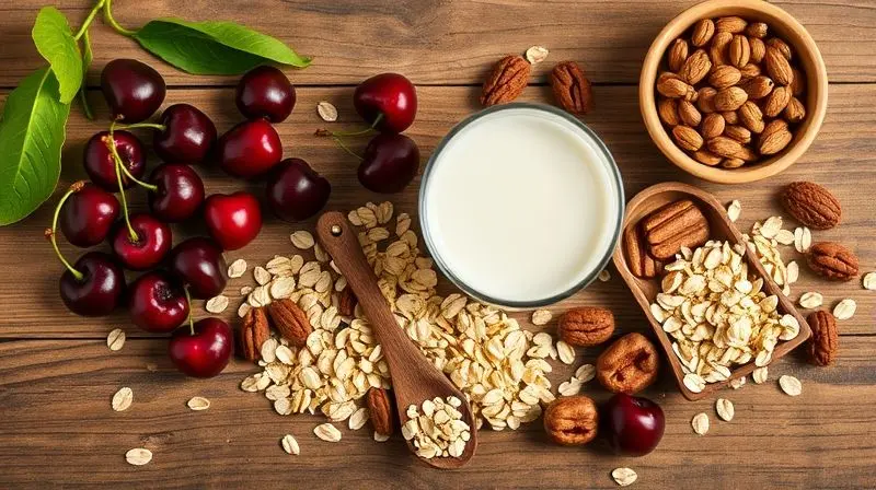 Arranjo de alimentos ricos em melatonina, como cerejas, nozes e aveia, que ajudam a aumentar a produção natural do hormônio do sono.