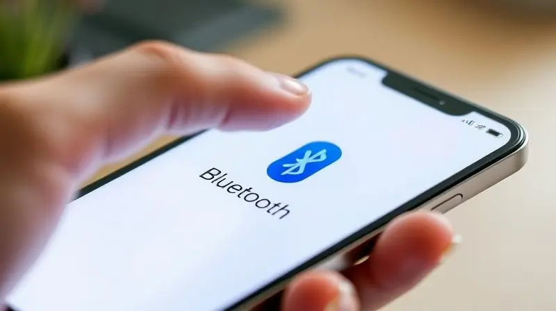 Close-up de um dedo ativando o ícone do Bluetooth na tela de um smartphone, demonstrando o primeiro passo para conectar um dispositivo.