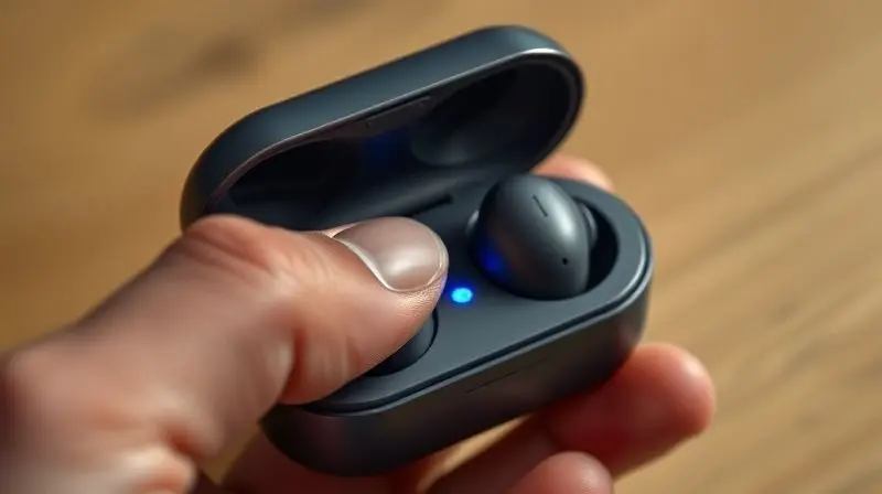 Pessoa ativando o modo de pareamento em um estojo de fone de ouvido Bluetooth ao pressionar o botão, com uma luz de LED piscando para indicar o status.