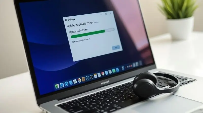 Tela de um computador mostrando uma barra de progresso da atualização de drivers de áudio, um passo para corrigir falhas de som no fone de ouvido.
