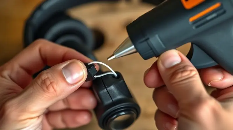 Mãos reforçando a conexão de um fio em um fone caseiro com tubo termo retrátil para aumentar a durabilidade e vida útil do aparelho.
