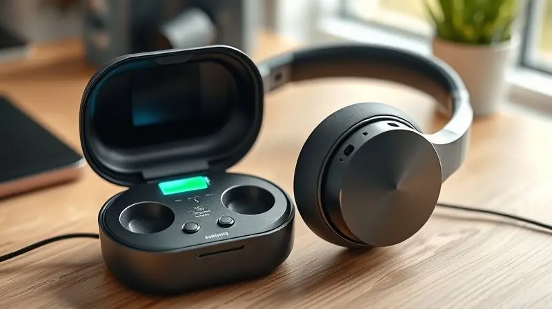 Fone de ouvido Bluetooth ao lado de seu estojo de carregamento que exibe um ícone de bateria cheia, simbolizando longa autonomia de uso.