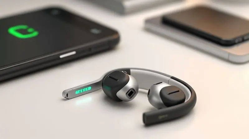 Fone de ouvido sem fio totalmente carregado em sua base, com uma luz verde indicando bateria completa, simbolizando longa autonomia para ouvir música.