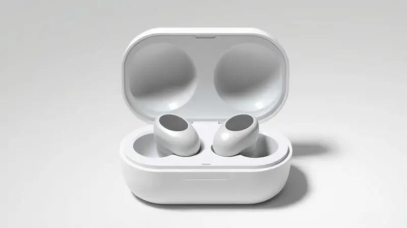 Fones de ouvido in-ear em seu estojo de carregamento com luz indicadora, simbolizando longa autonomia de bateria para o dia a dia.