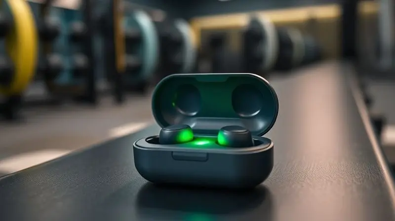 Estojo de carregamento de fones de ouvido com uma luz LED verde brilhante, simbolizando bateria cheia e pronta para um longo treino.
