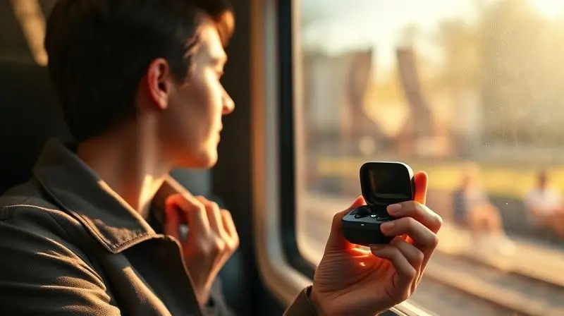 Viajante em um trem com o estojo de carregamento de fones tradutores, ilustrando a longa autonomia da bateria para viagens.
