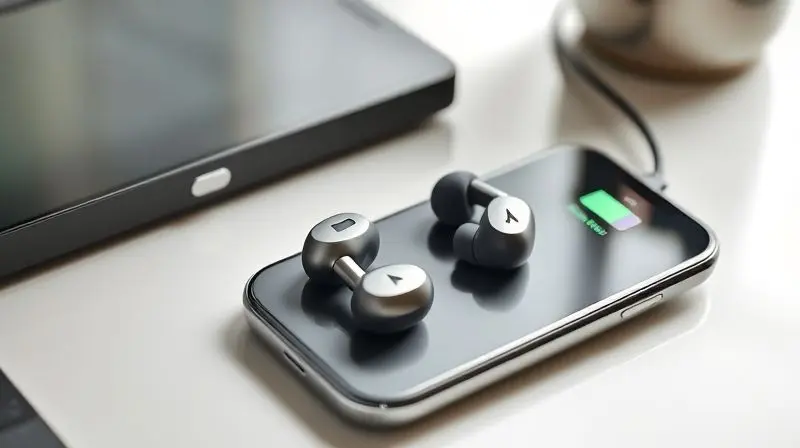 Fone de ouvido sem fio sendo carregado em uma base moderna, ao lado de um celular, simbolizando longa autonomia e bateria duradoura.