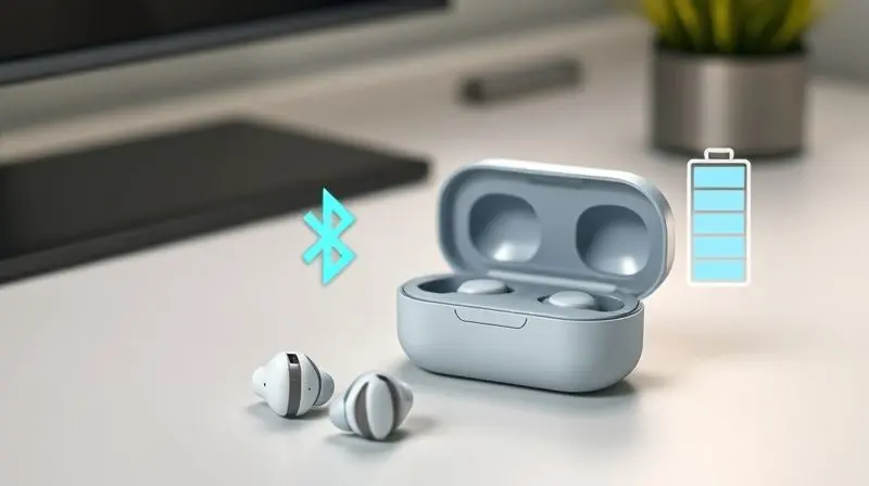 Fone de ouvido sem fio ao lado de seu estojo de carregamento com ícones de bateria e Bluetooth, ilustrando autonomia e conectividade.