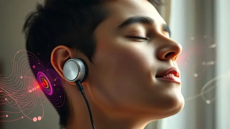 Pessoa ouvindo música com fones de ouvido, com ondas sonoras coloridas ao redor, ilustrando o benefício de um ajuste de áudio personalizado.