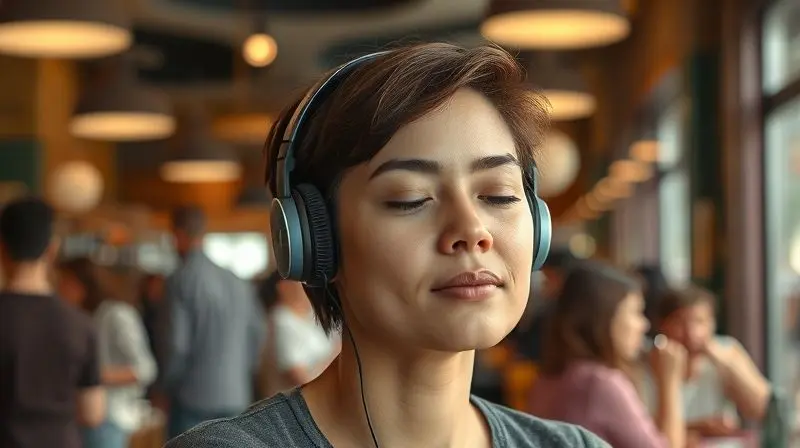 Pessoa usando fones com cancelamento de ruído em um café movimentado, demonstrando o benefício de ter um ambiente sonoro calmo e focado.