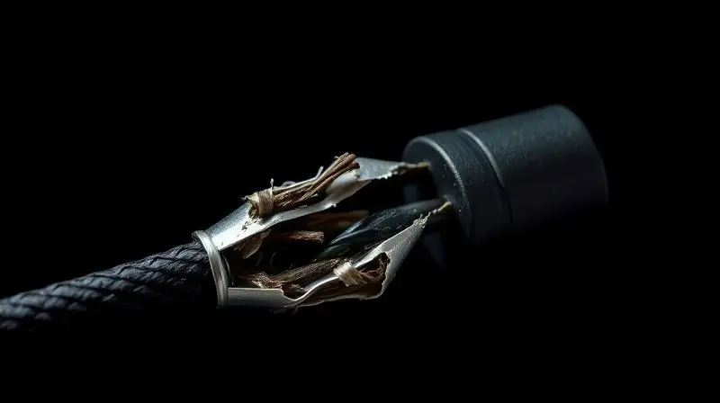 Um close-up focado em um cabo de fone de ouvido com fio que está danificado e com os fios internos expostos, uma causa comum de mau contato.