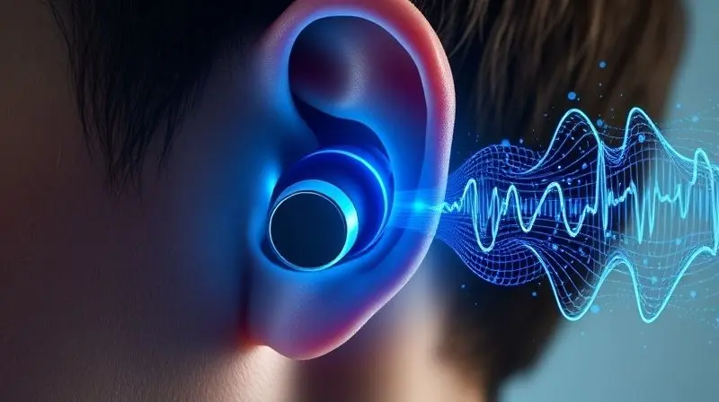 Conceito de cancelamento de ruído ativo, com ondas sonoras visíveis sendo bloqueadas antes de chegarem ao fone de ouvido de um usuário.