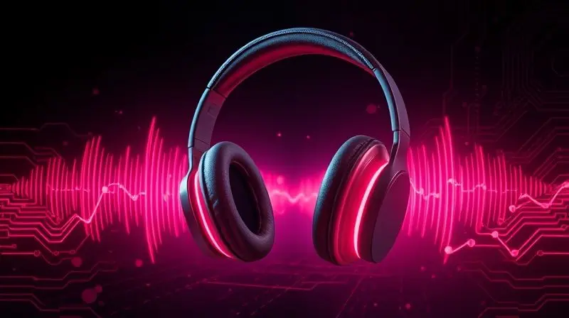 Visualização das características dos fones H'Maston, com ondas sonoras coloridas saindo de um fone de ouvido moderno.
