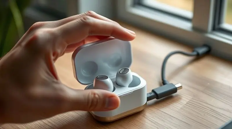 Pessoa colocando fones de ouvido sem fio do tipo earbud em seu case para iniciar o carregamento via cabo USB-C.