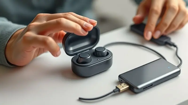 Pessoa colocando fones de ouvido sem fio no estojo de carregamento conectado a uma fonte de energia, ilustrando a importância de carregar o dispositivo.