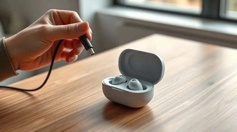 Pessoa conectando um cabo USB-C no estojo de carregamento de fones sem fio para ilustrar a importância da primeira carga completa.