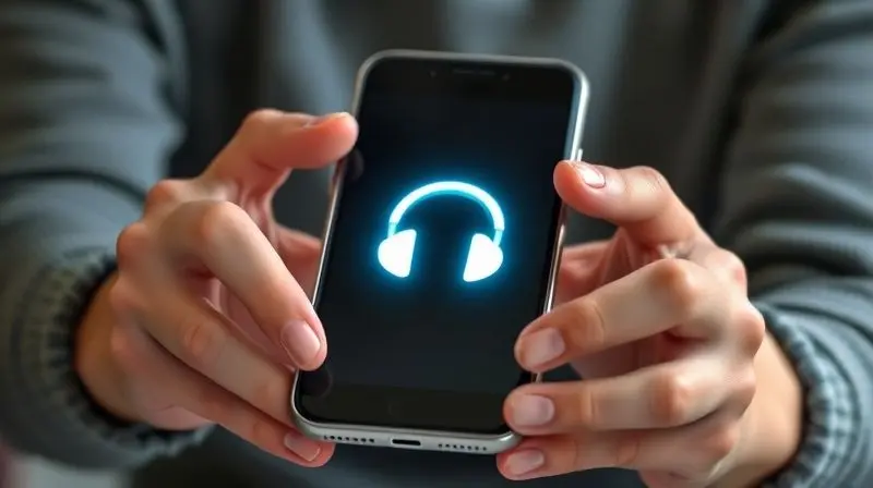 Pessoa olhando com frustração para a tela do celular que exibe o ícone de fone de ouvido, entendendo a causa do problema.
