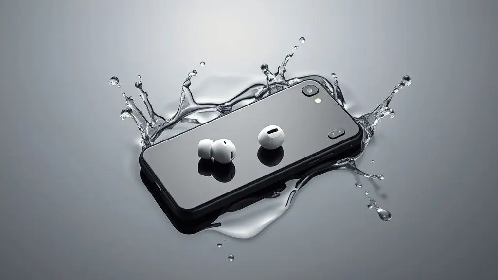 Um celular e fones de ouvido sem fio molhados com respingos de água, ilustrando o que fazer quando um aparelho eletrônico molha.