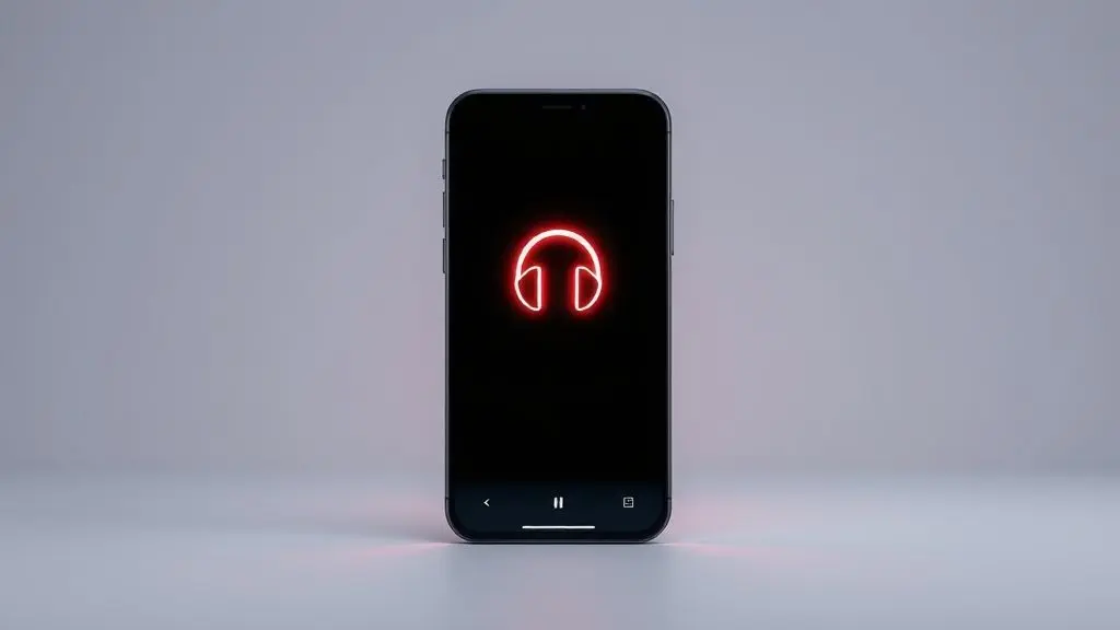 Celular moderno sobre uma mesa com um ícone de fone de ouvido brilhando na tela, ilustrando o problema do aparelho preso no modo fone de ouvido.