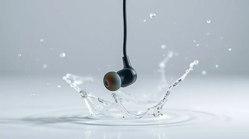 Ilustração conceitual de um fone de ouvido sendo atingido por jatos d'água, simbolizando a classificação de resistência à água e poeira IPX.
