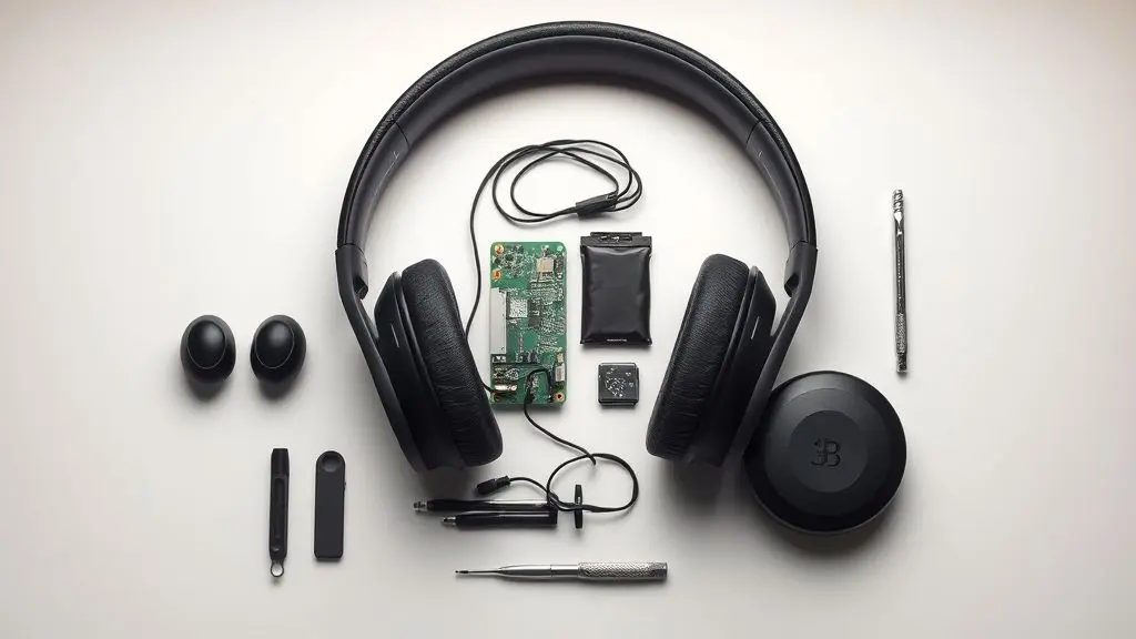 Guia visual mostrando como abrir fone de ouvido bluetooth para reparo, com as peças internas e ferramentas organizadas ao lado de um fone desmontado.