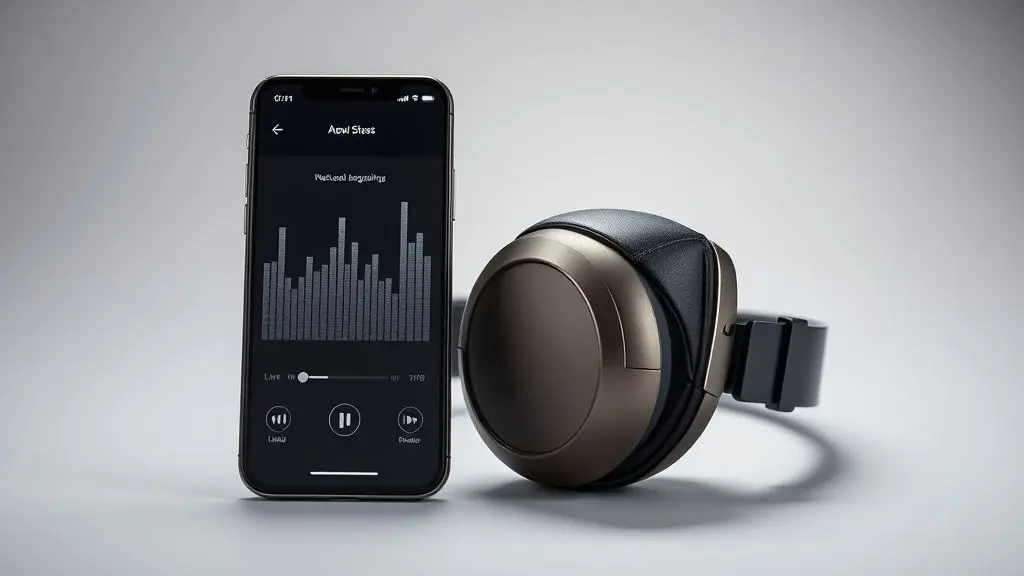 Fone de ouvido over-ear ao lado de um smartphone com a tela de ajuste de áudio e equalizador, simbolizando a personalização do som em dispositivos.