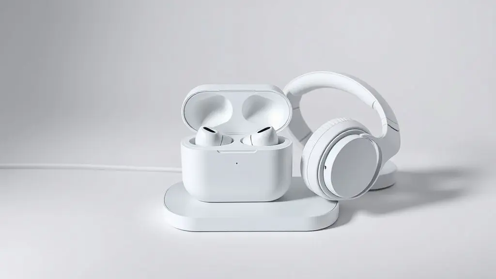 Guia completo mostrando como carregar fone de ouvido sem fio, com um par de earbuds no case e um headphone conectados a uma fonte de energia.
