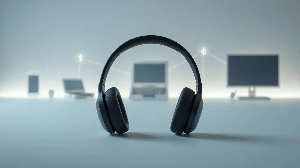 Guia visual mostrando um fone de ouvido Bluetooth moderno conectado a um celular, PC e TV, ilustrando como parear o dispositivo em diferentes aparelhos.