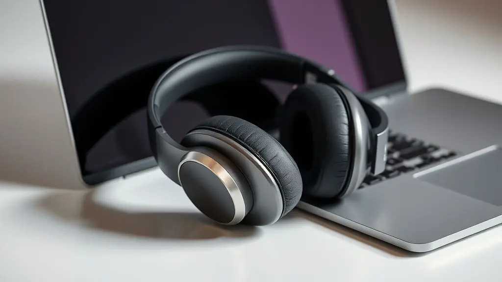 Um par de fones de ouvido Bluetooth modernos ao lado de um notebook, ilustrando o guia passo a passo de como conectar fone bluetooth no PC.