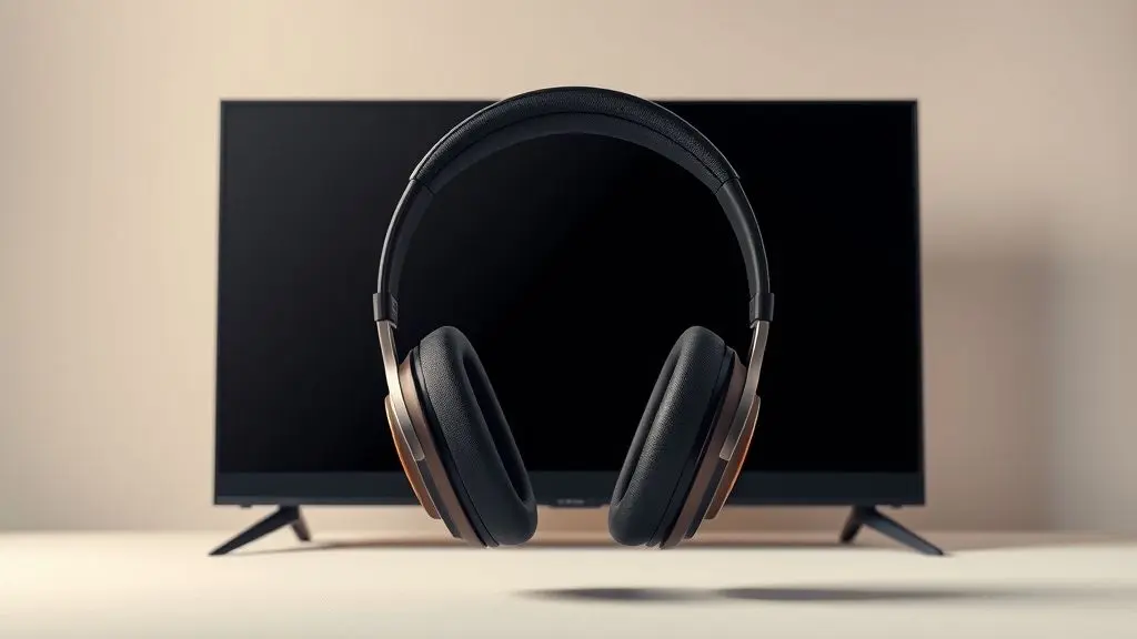 Guia sobre como conectar fone de ouvido Bluetooth na TV, mostrando um par de fones sem fio modernos posicionados em frente a uma Smart TV de tela plana.