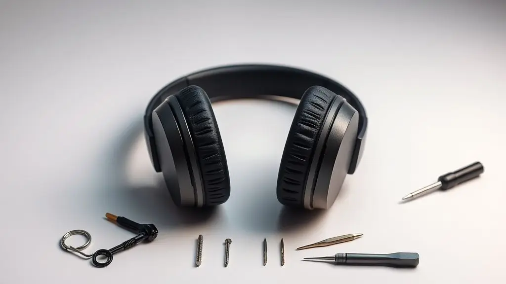 Guia prático sobre como consertar fone de ouvido, mostrando um fone moderno e ferramentas de reparo em uma bancada organizada.