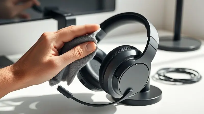 Mãos limpando cuidadosamente um headset gamer com um pano de microfibra, ao lado de um suporte, ilustrando a manutenção do aparelho.