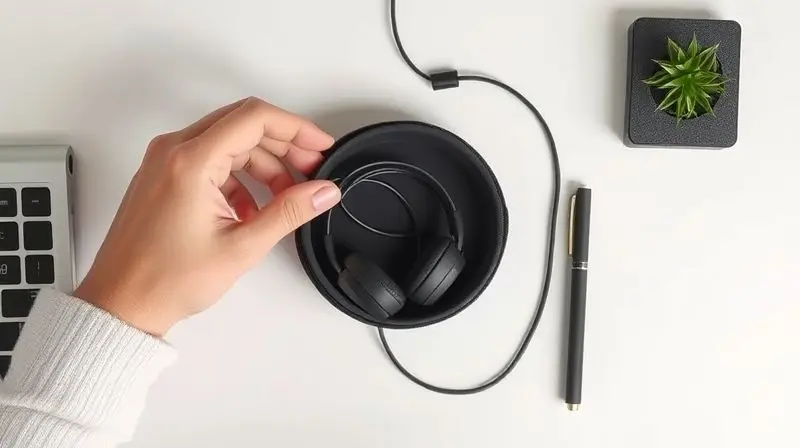 Pessoa enrolando o cabo de um fone de ouvido com cuidado para guardar em um estojo e prolongar sua vida útil.