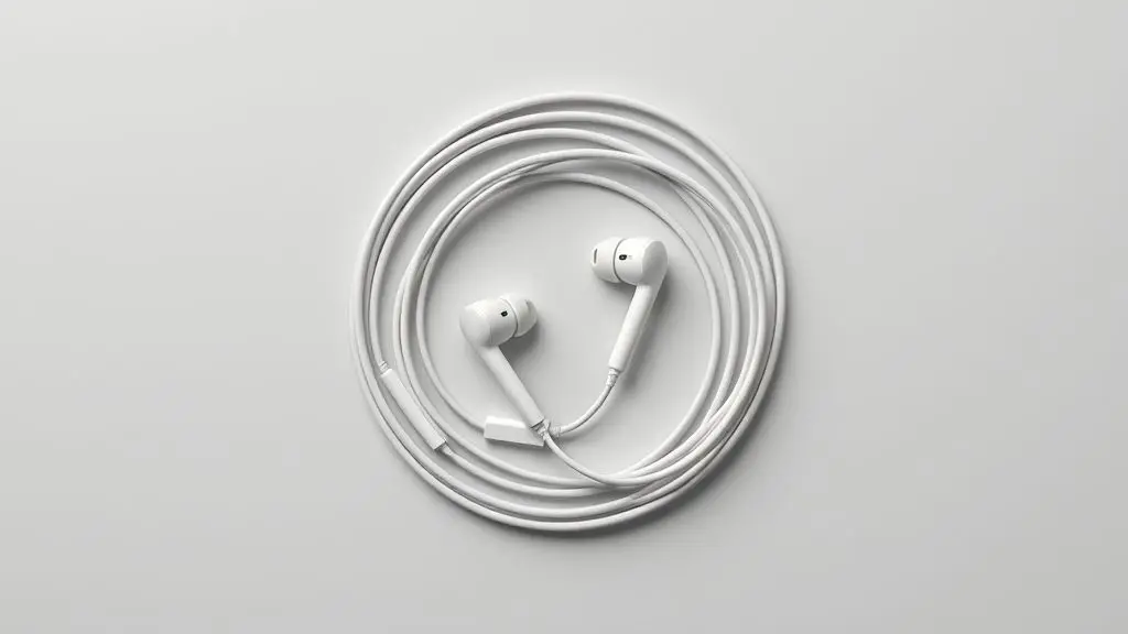 Um par de fones de ouvido com fio, sem marca, perfeitamente enrolado sobre uma superfície limpa, ilustrando o guia de cuidados para durabilidade.