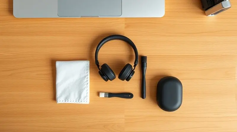 Kit de limpeza e manutenção para fones de ouvido, incluindo um pano de microfibra e estojo, para garantir maior durabilidade ao produto.