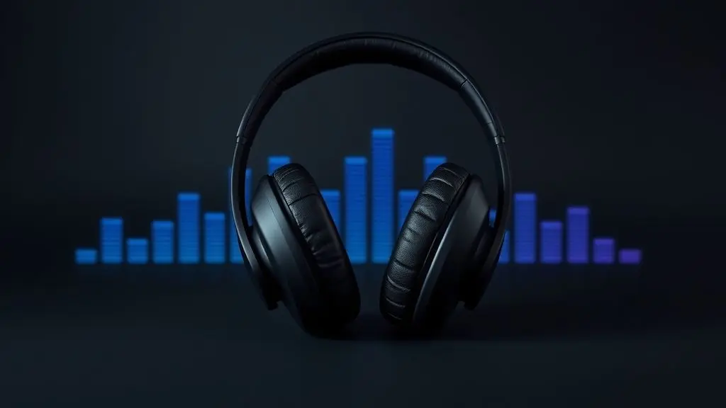 Guia completo sobre como equalizar fones de ouvido, mostrando um fone de ouvido profissional sem marca em frente a um gráfico de equalizador de som.