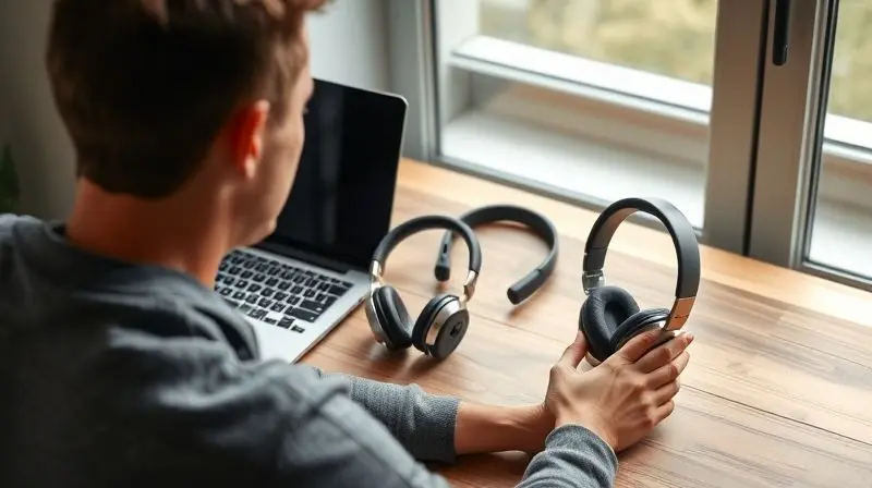 Pessoa analisando diferentes modelos de fone de ouvido Bluetooth para ajudar a entender como escolher o melhor modelo para suas necessidades.
