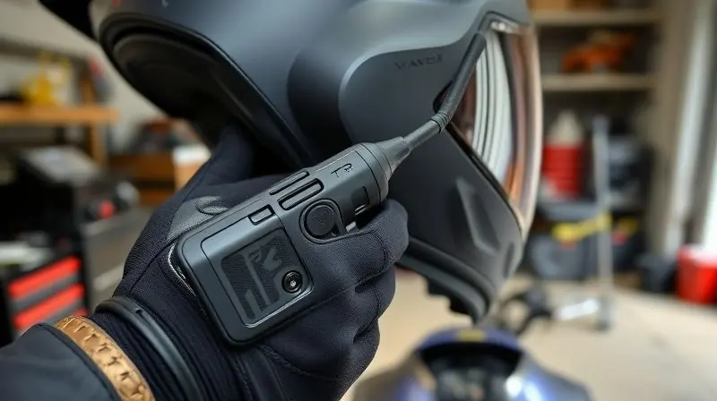 Motociclista ajustando as configurações de um fone de ouvido instalado em seu capacete, ilustrando como escolher o modelo ideal.