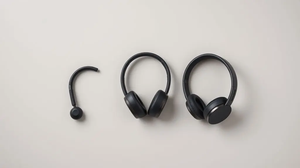 Guia completo sobre como escolher fone de ouvido bluetooth, mostrando os três tipos principais: in-ear, on-ear e over-ear em um fundo neutro.