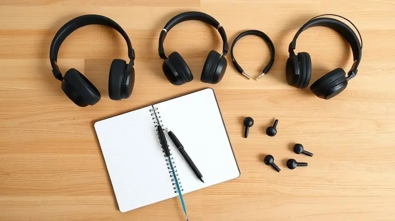 Vários tipos de fones de ouvido (over-ear, on-ear, in-ear) em uma mesa, simbolizando o processo de como escolher o modelo ideal para cada necessidade.