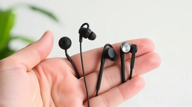 Mão de uma pessoa segurando e comparando diferentes modelos de fones de ouvido intra-auriculares, ilustrando o processo de como escolher o fone ideal.