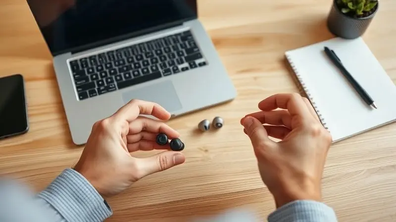 Pessoa comparando diferentes modelos de fones de ouvido sobre uma mesa para decidir qual é o ideal para suas necessidades.