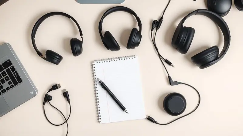 Mesa de trabalho com vários tipos de fones de ouvido USB-C organizados, simbolizando o processo de escolha do melhor modelo.