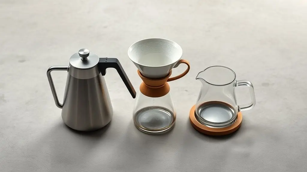 Guia definitivo para fazer café coado perfeito, mostrando um kit completo e sem marca com coador, jarra e chaleira em uma composição simétrica.