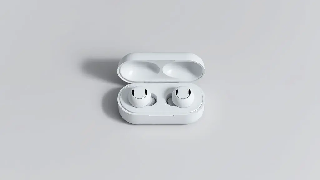 Um par de fones de ouvido sem fio modernos e seu estojo de carregamento aberto, vistos de frente, ilustrando como a tecnologia funciona.