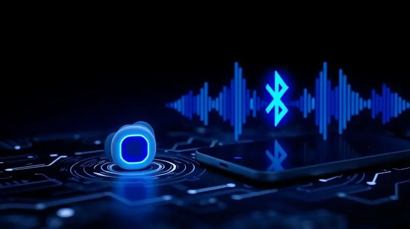Imagem conceitual da tecnologia Bluetooth, mostrando ondas de rádio conectando um fone de ouvido a um celular para ilustrar seu funcionamento.